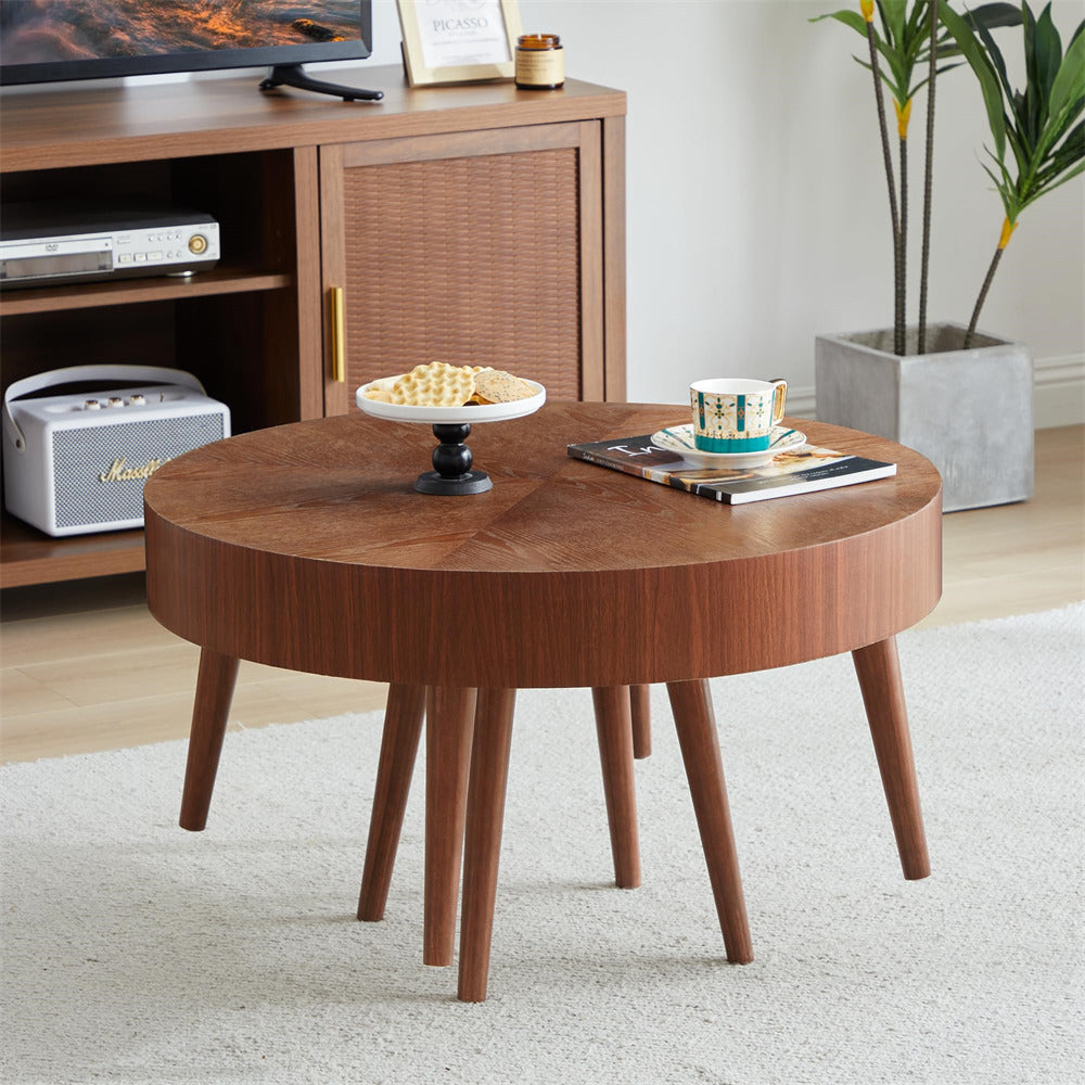 Walnut Modern Farmhouse Wooden Round Coffee Table End Table 2-piece Set