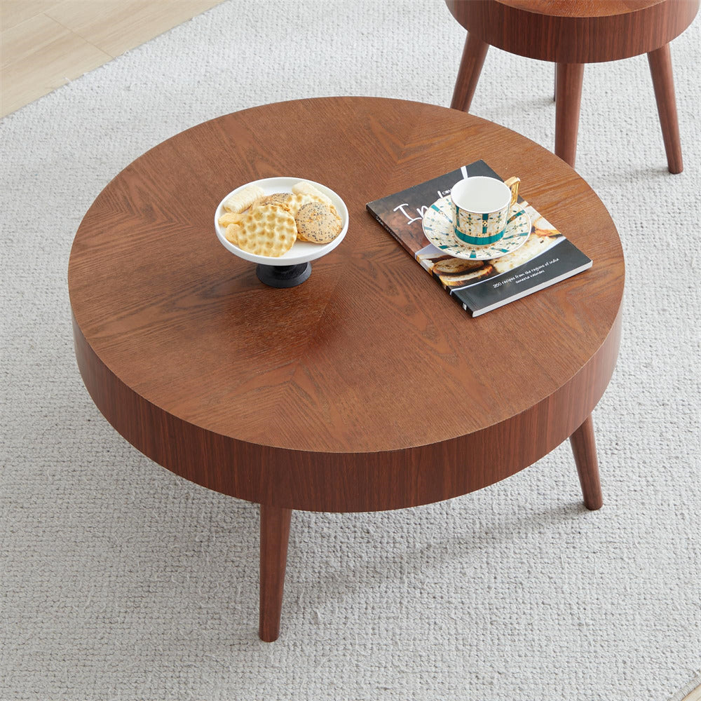 Walnut Modern Farmhouse Wooden Round Coffee Table End Table 2-piece Set