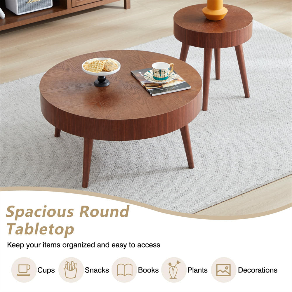 Walnut Modern Farmhouse Wooden Round Coffee Table End Table 2-piece Set