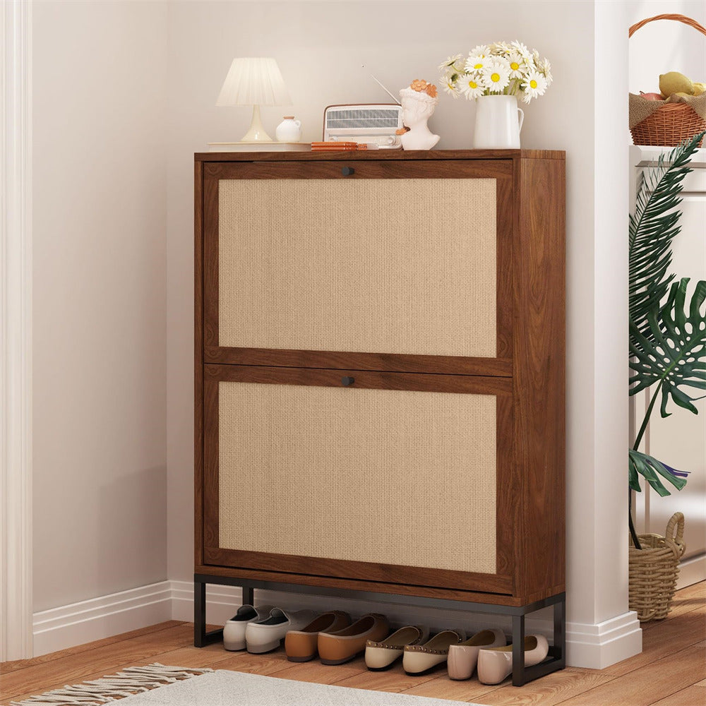 Walnut Modern Freestanding Shoe Cabinet Storage Entryway Shoe Rack with 2 Linen Doors