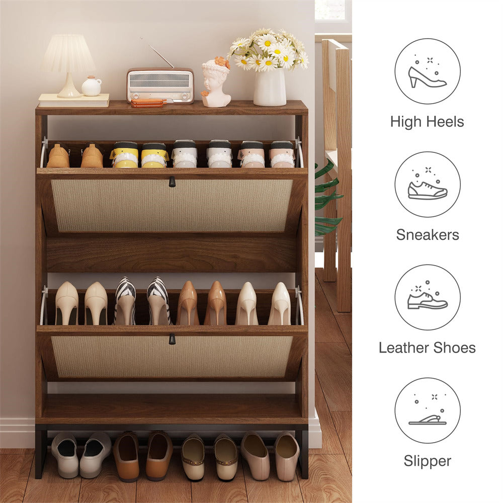 Walnut Modern Freestanding Shoe Cabinet Storage Entryway Shoe Rack with 2 Linen Doors