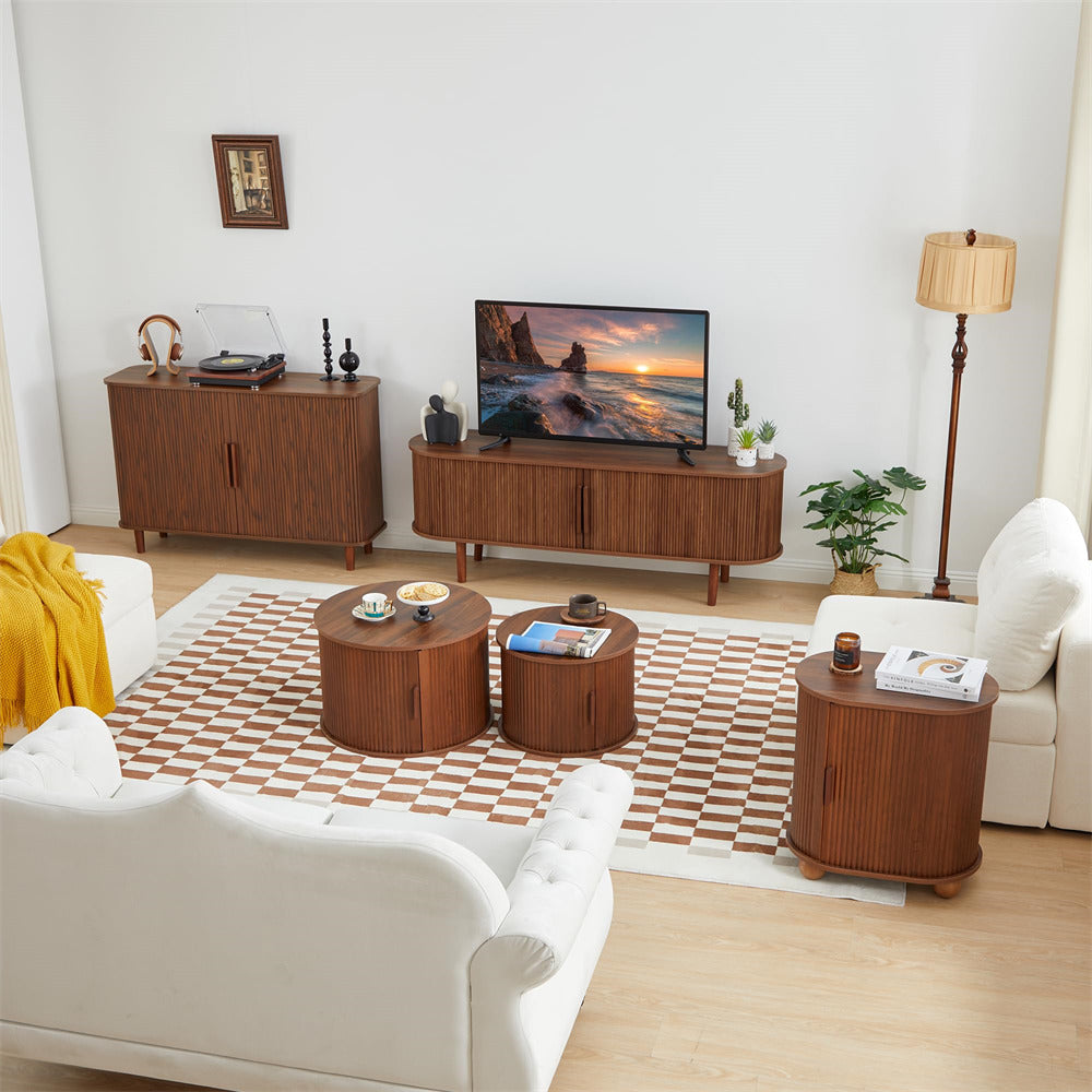 Walnut Modern Round Coffee Table Set of 2 with Storage Compartment and Sliding Door