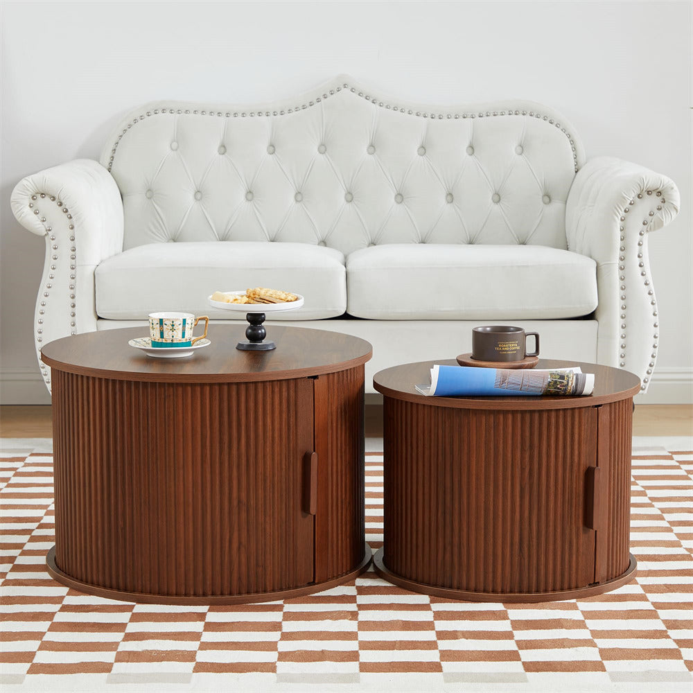 Walnut Modern Round Coffee Table Set of 2 with Storage Compartment and Sliding Door