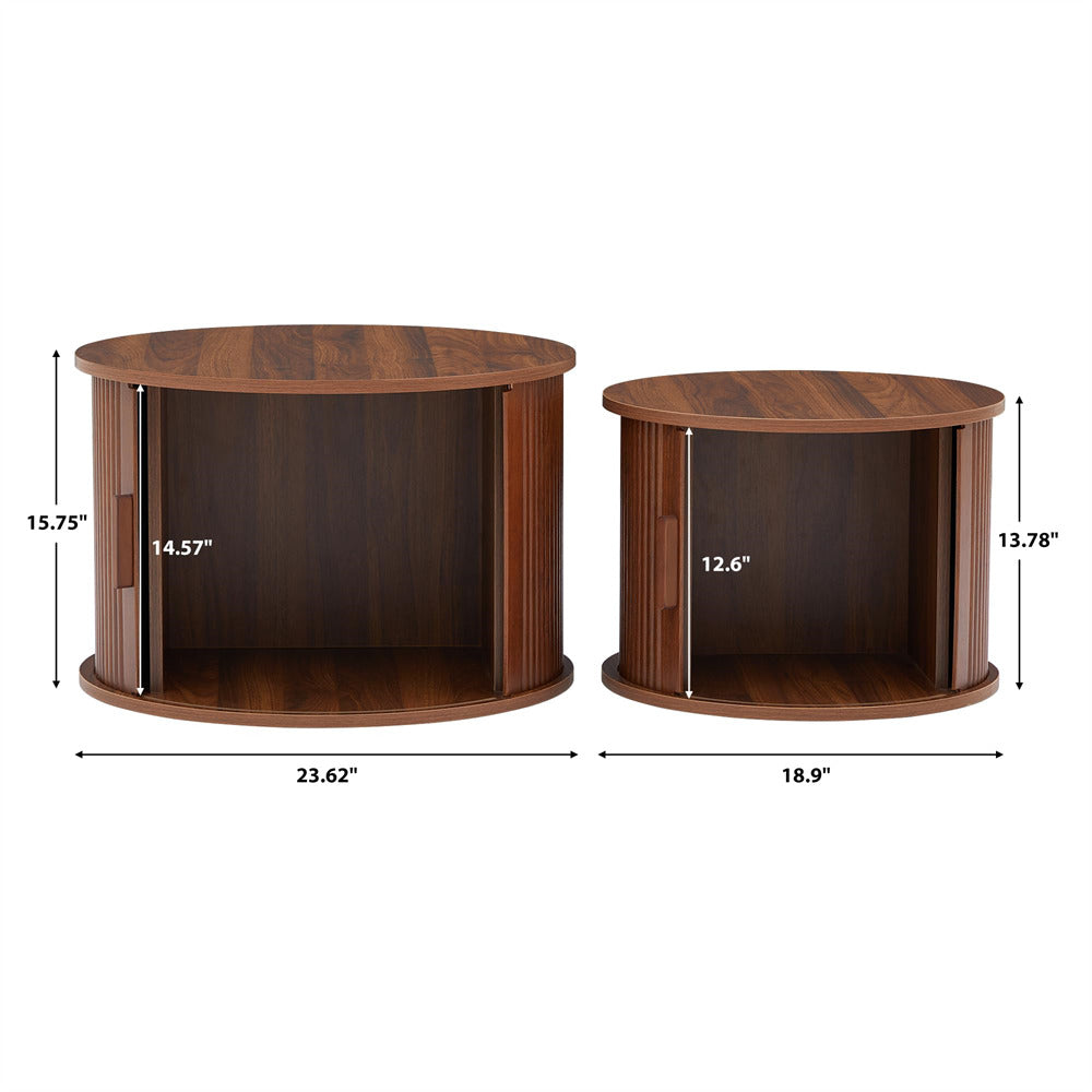 Walnut Modern Round Coffee Table Set of 2 with Storage Compartment and Sliding Door Size