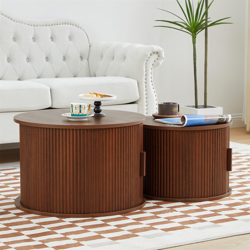 Walnut Modern Round Coffee Table Set of 2 with Storage Compartment and Sliding Door