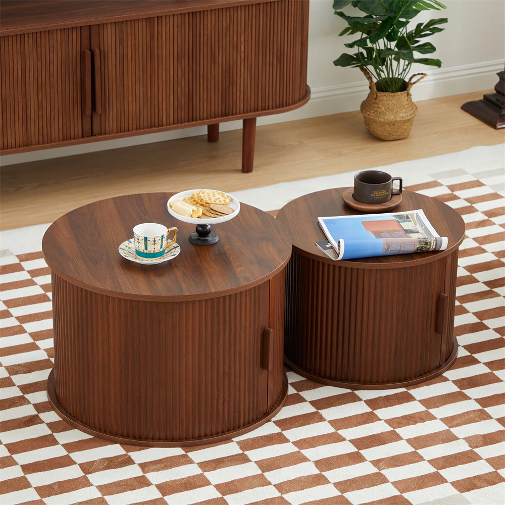 Walnut Modern Round Coffee Table Set of 2 with Storage Compartment and Sliding Door