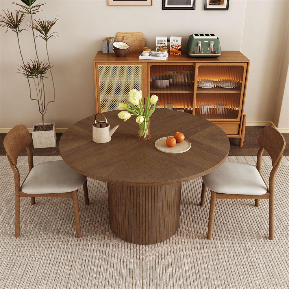 Walnut Modern Round Dining Table for 4 Farmhouse Small Circle Kitchen Table with Wood Strip Base
