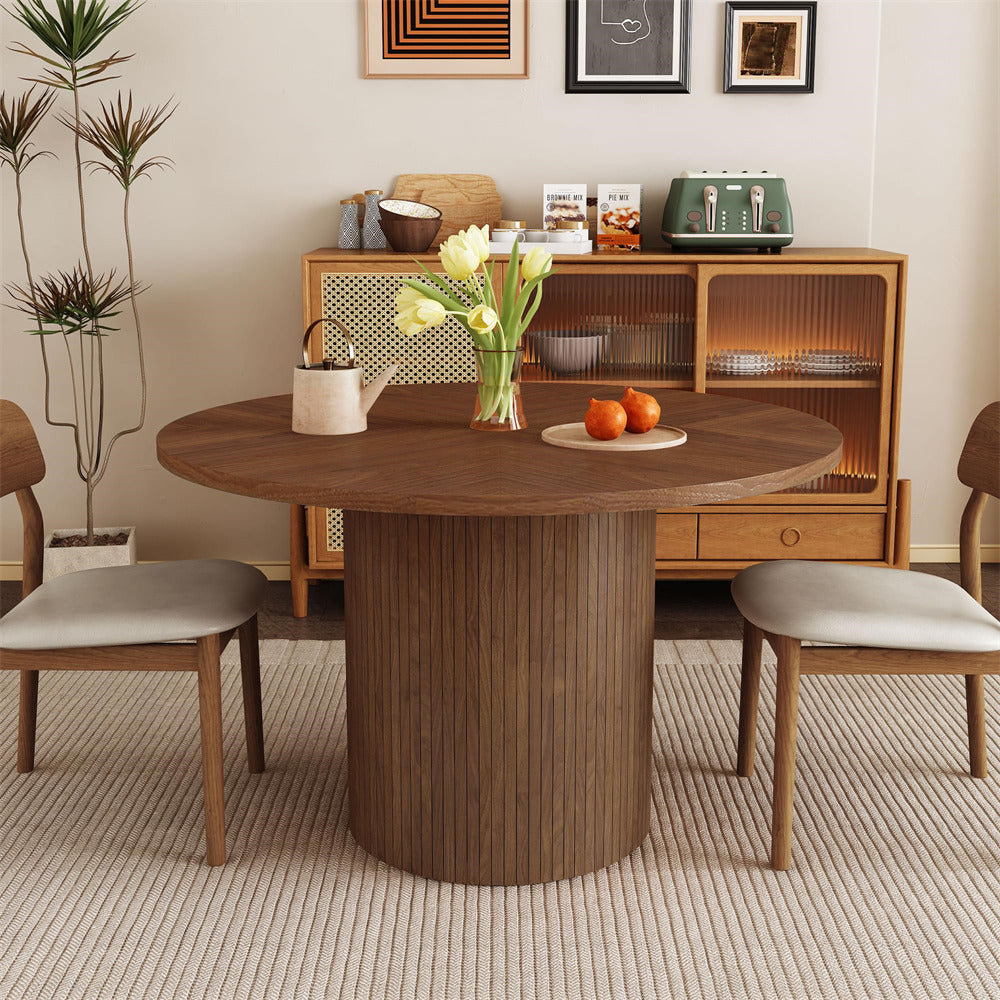 Walnut Modern Round Dining Table for 4 Farmhouse Small Circle Kitchen Table with Wood Strip Base
