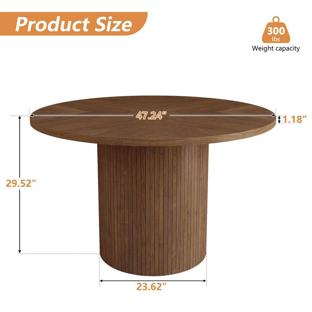 Walnut Modern Round Dining Table for 4 Farmhouse Small Circle Kitchen Table with Wood Strip Base Size