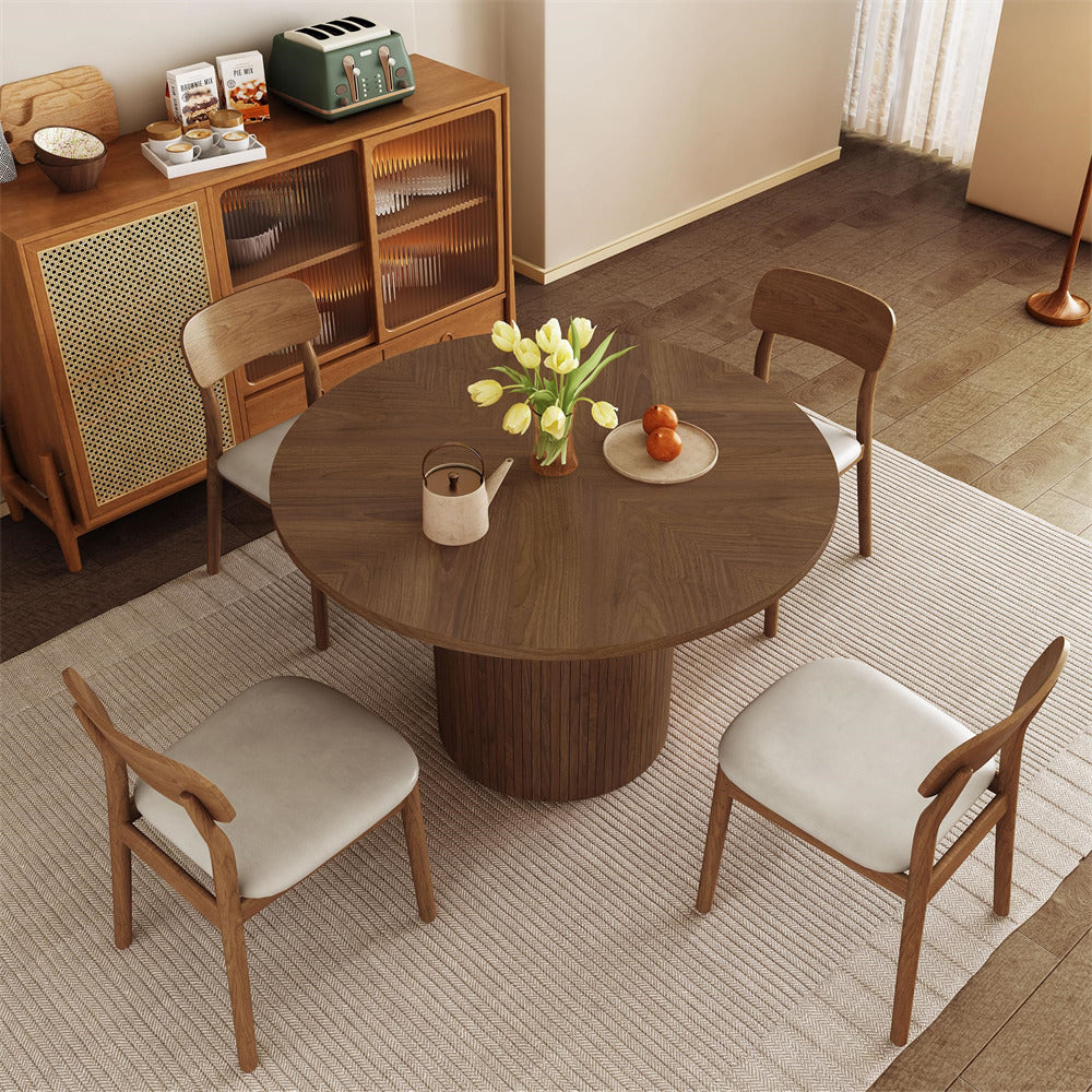 Walnut Modern Round Dining Table for 4 Farmhouse Small Circle Kitchen Table with Wood Strip Base