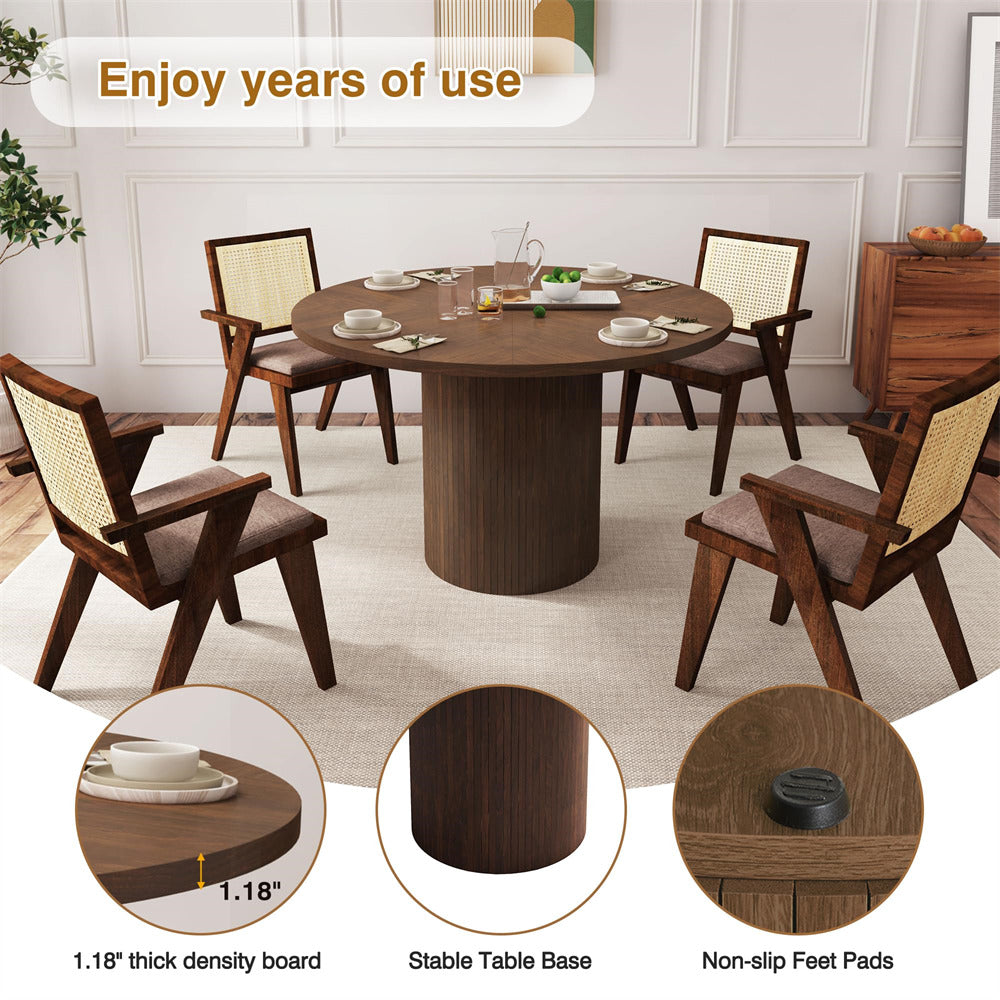 Walnut Modern Round Dining Table for 4 Farmhouse Small Circle Kitchen Table with Wood Strip Base