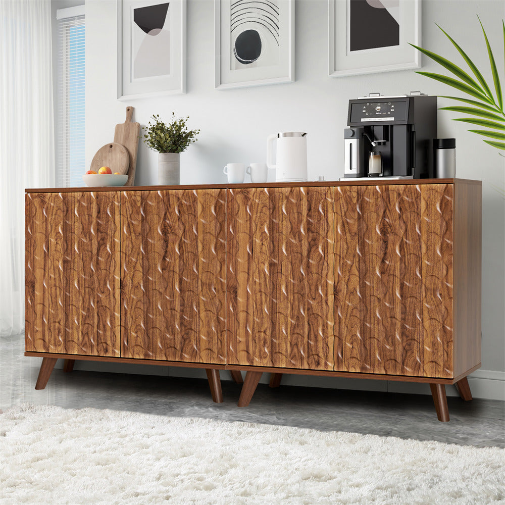 Walnut Modern Sideboard Buffet Cabinet with Scandinavian Fluted Door 2 Pack