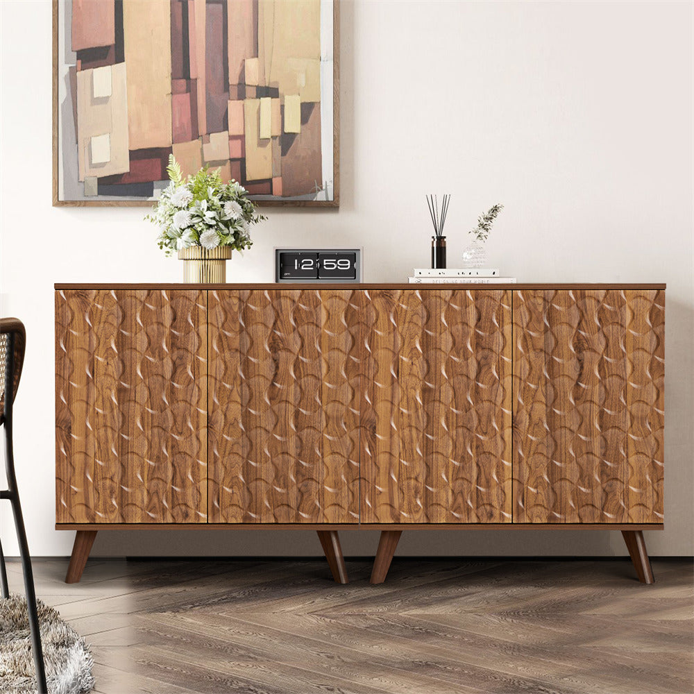 Walnut Modern Sideboard Buffet Cabinet with Scandinavian Fluted Door 2 Pack