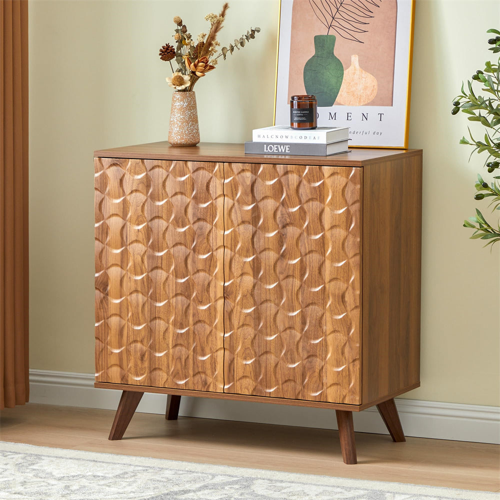 Walnut Modern Sideboard Buffet Storage Cabinet with Solid Wood Legs and Scandinavian Fluted Door