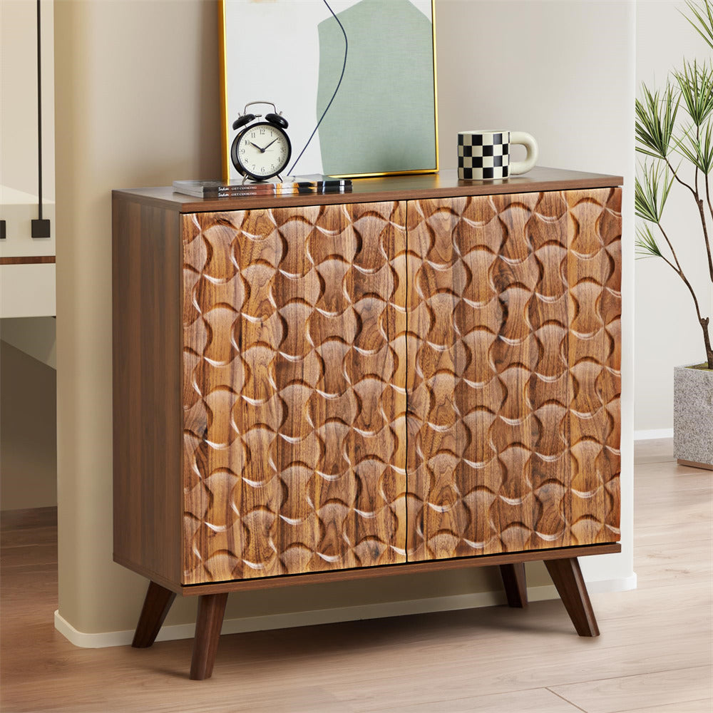 Walnut Modern Sideboard Buffet Storage Cabinet with Solid Wood Legs and Scandinavian Fluted Door