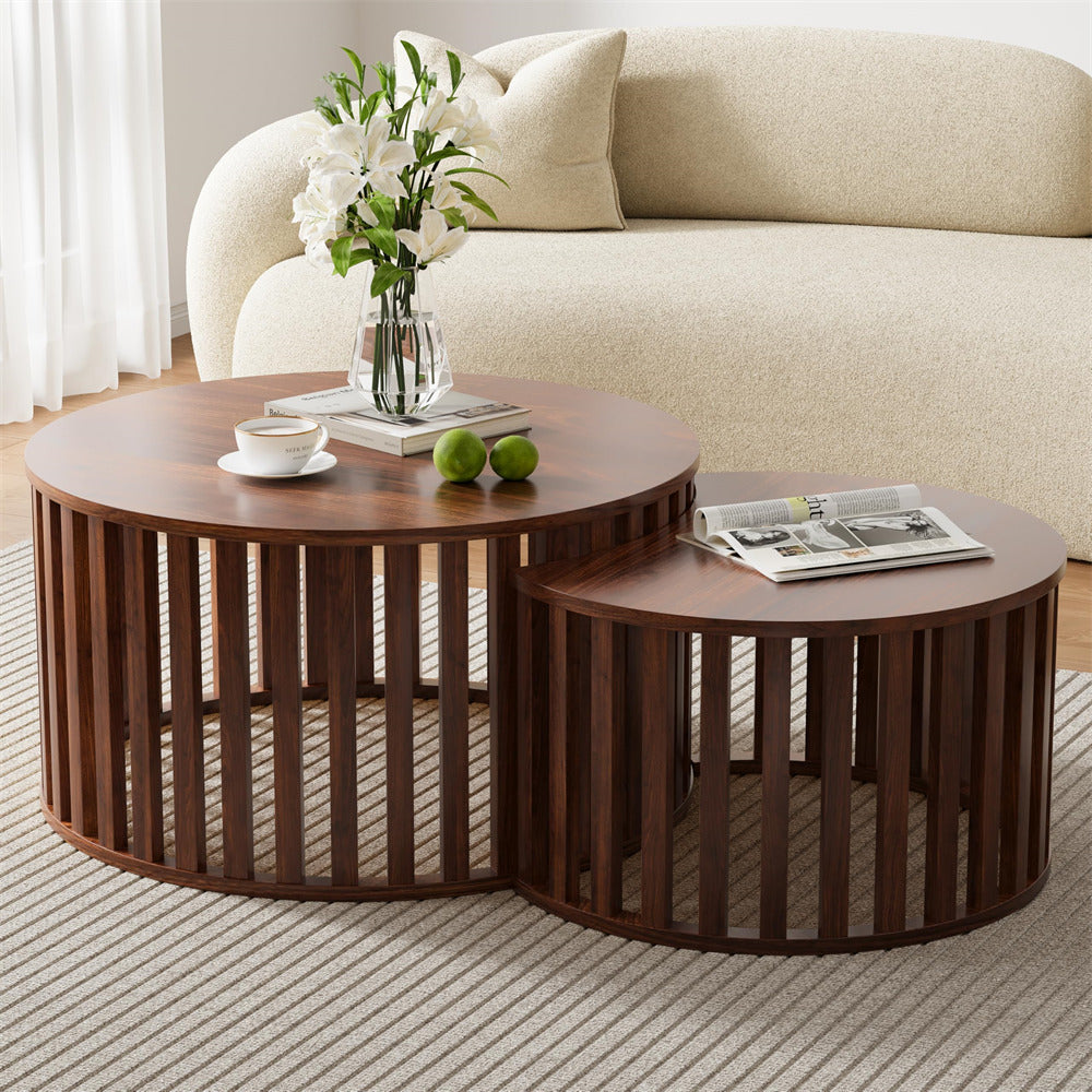 Walnut Modern Wood Round Nesting Coffee Table Set of 2 with Strip Frame and Storage