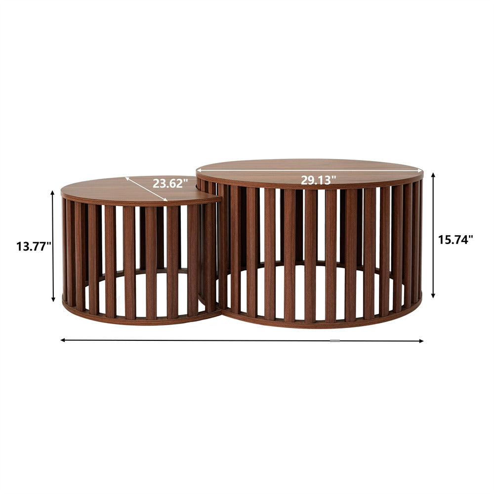 Walnut Modern Wood Round Nesting Coffee Table Set of 2 with Strip Frame and Storage