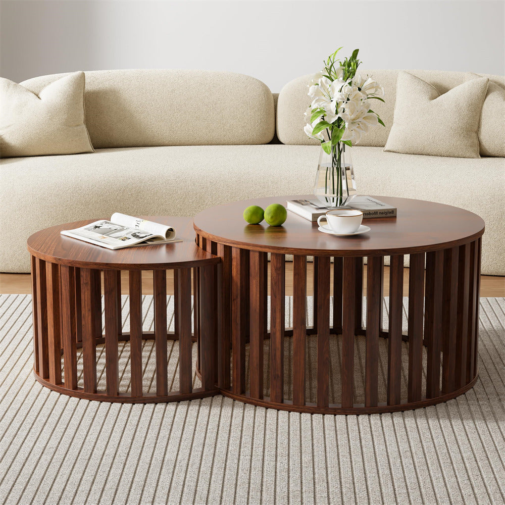 Walnut Modern Wood Round Nesting Coffee Table Set of 2 with Strip Frame and Storage