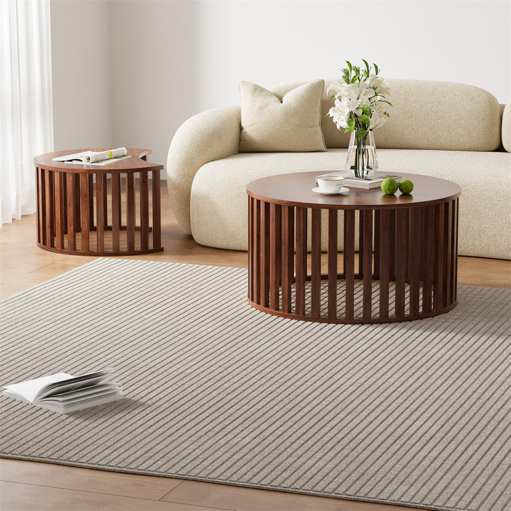 Walnut Modern Wood Round Nesting Coffee Table Set of 2 with Strip Frame and Storage