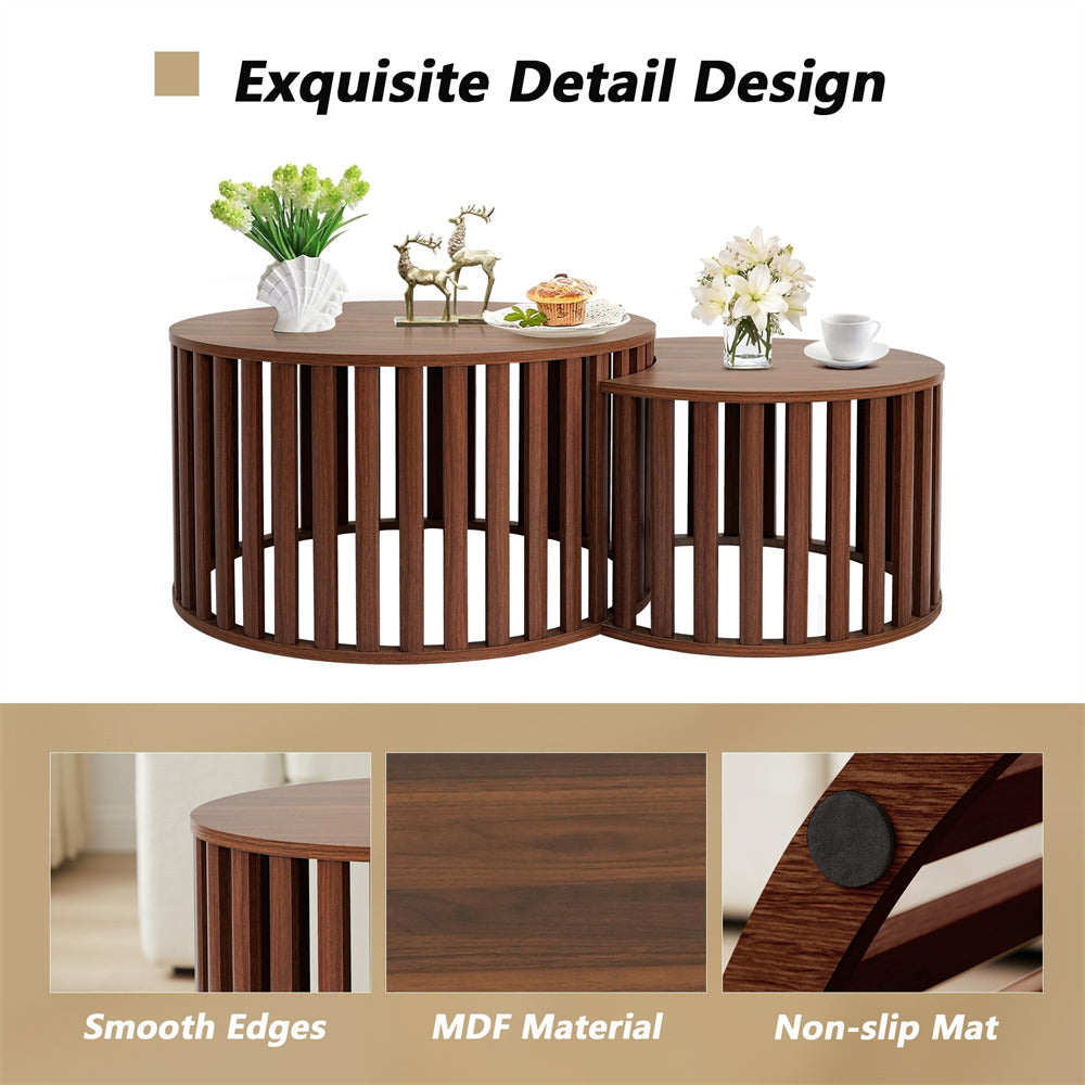 Walnut Modern Wood Round Nesting Coffee Table Set of 2 with Strip Frame and Storage