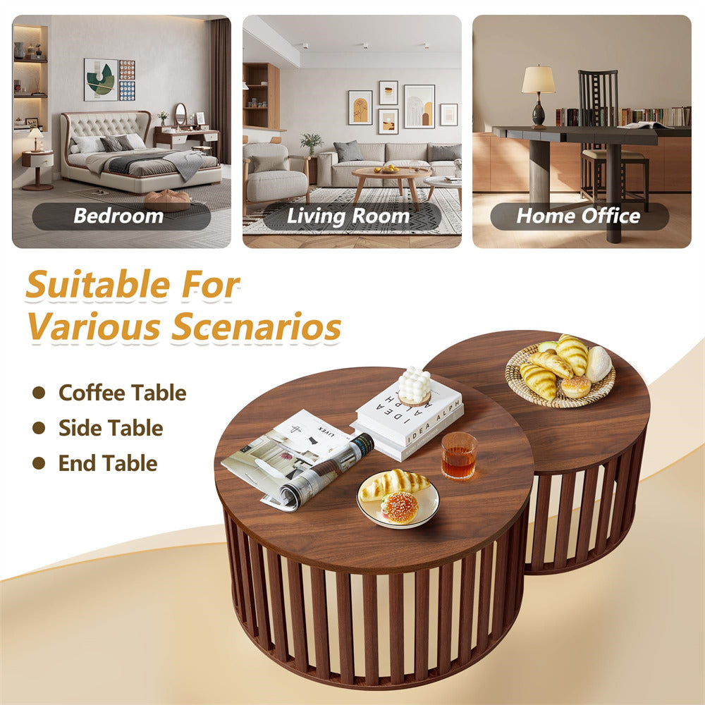 Walnut Modern Wood Round Nesting Coffee Table Set of 2 with Strip Frame and Storage