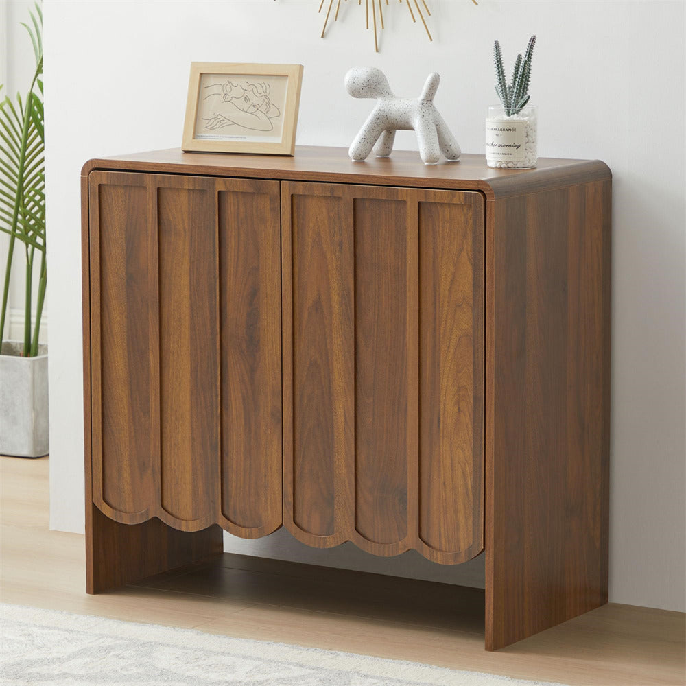 Walnut Modern Wood Storage Cabinet Sideboard with 2 Doors and Wave Panel