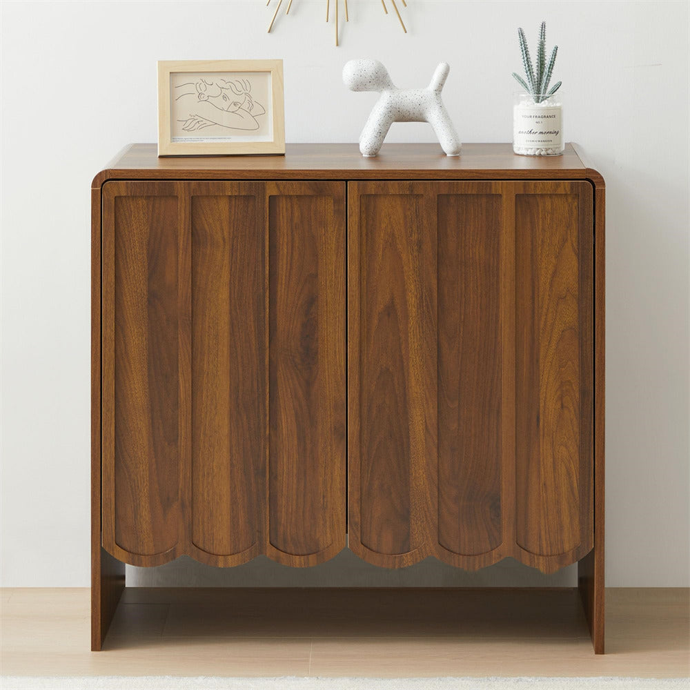 Walnut Modern Wood Storage Cabinet Sideboard with 2 Doors and Wave Panel