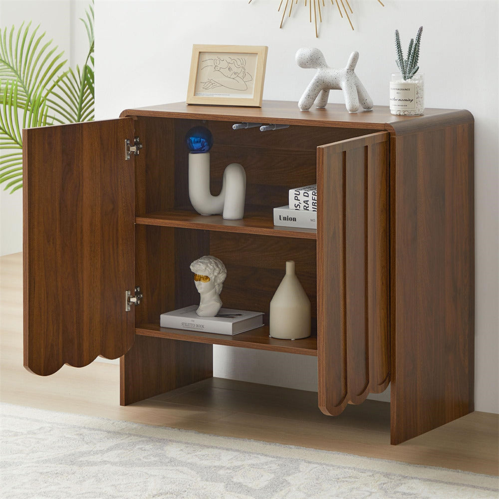 Walnut Modern Wood Storage Cabinet Sideboard with 2 Doors and Wave Panel