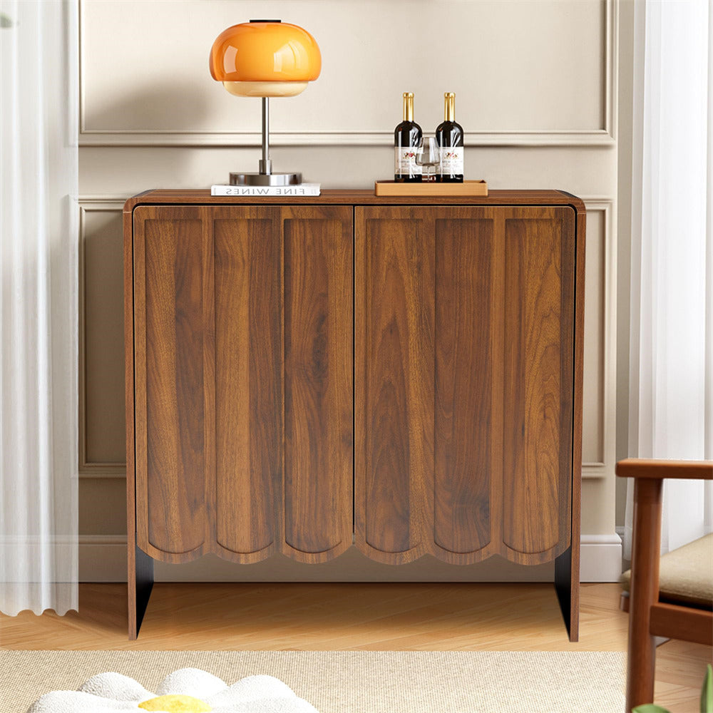 Walnut Modern Wood Storage Cabinet Sideboard with 2 Doors and Wave Panel