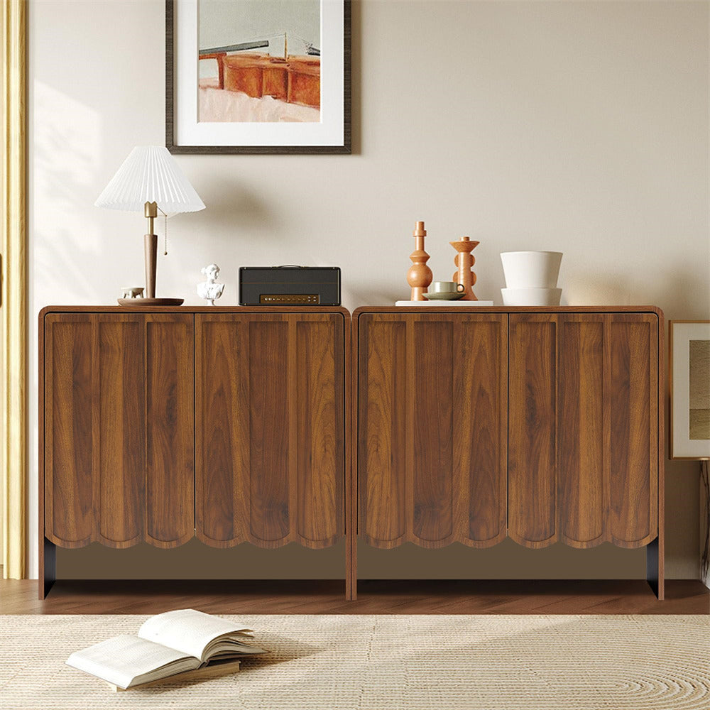 Walnut Modern Wood Storage Cabinet Sideboard with 2 Doors and Wave Panel