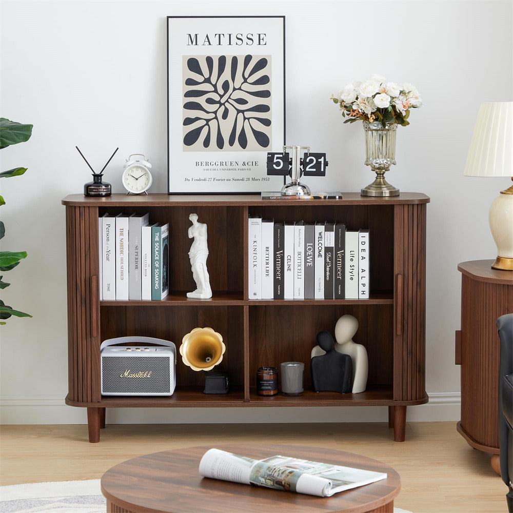 Walnut Modern Wooden Sideboard Storage Cabinet with 2 Sliding Doors and Handles