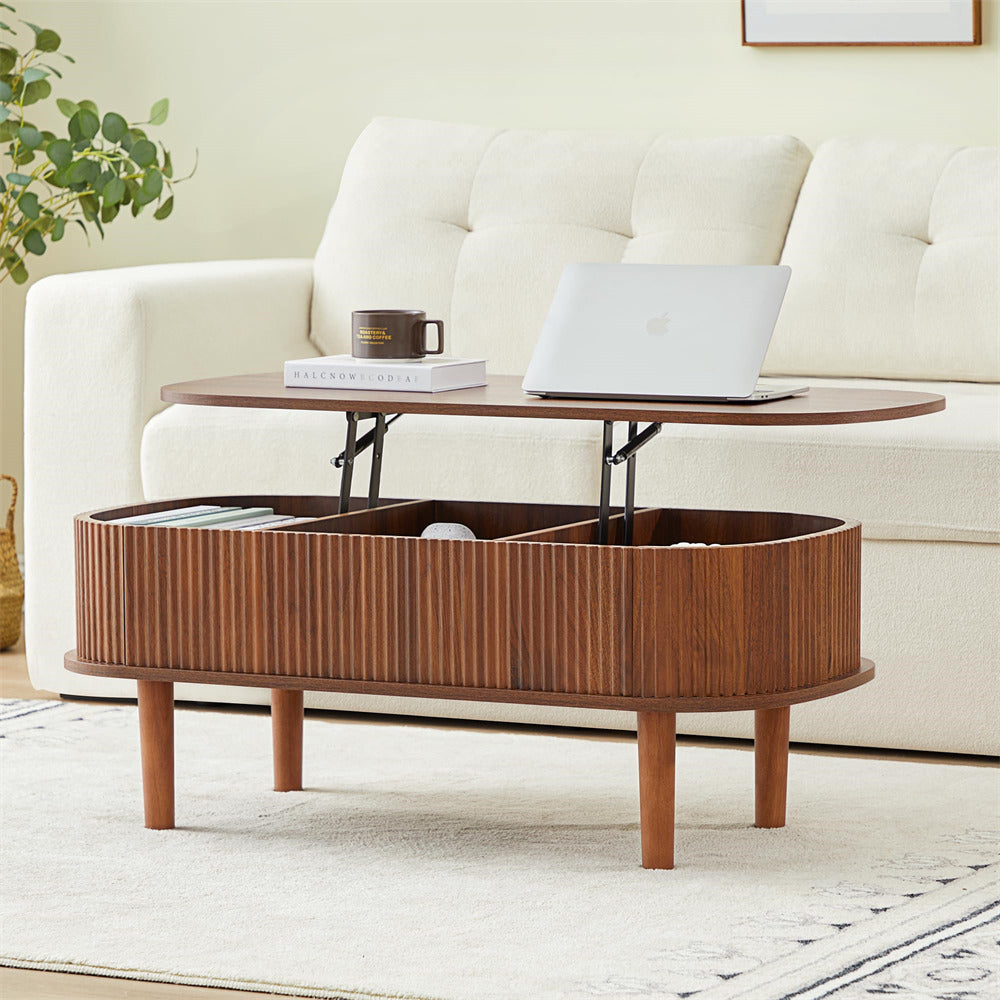 Walnut Oval Fluted Wooden Lift Top Coffee Table with Hidden Compartment