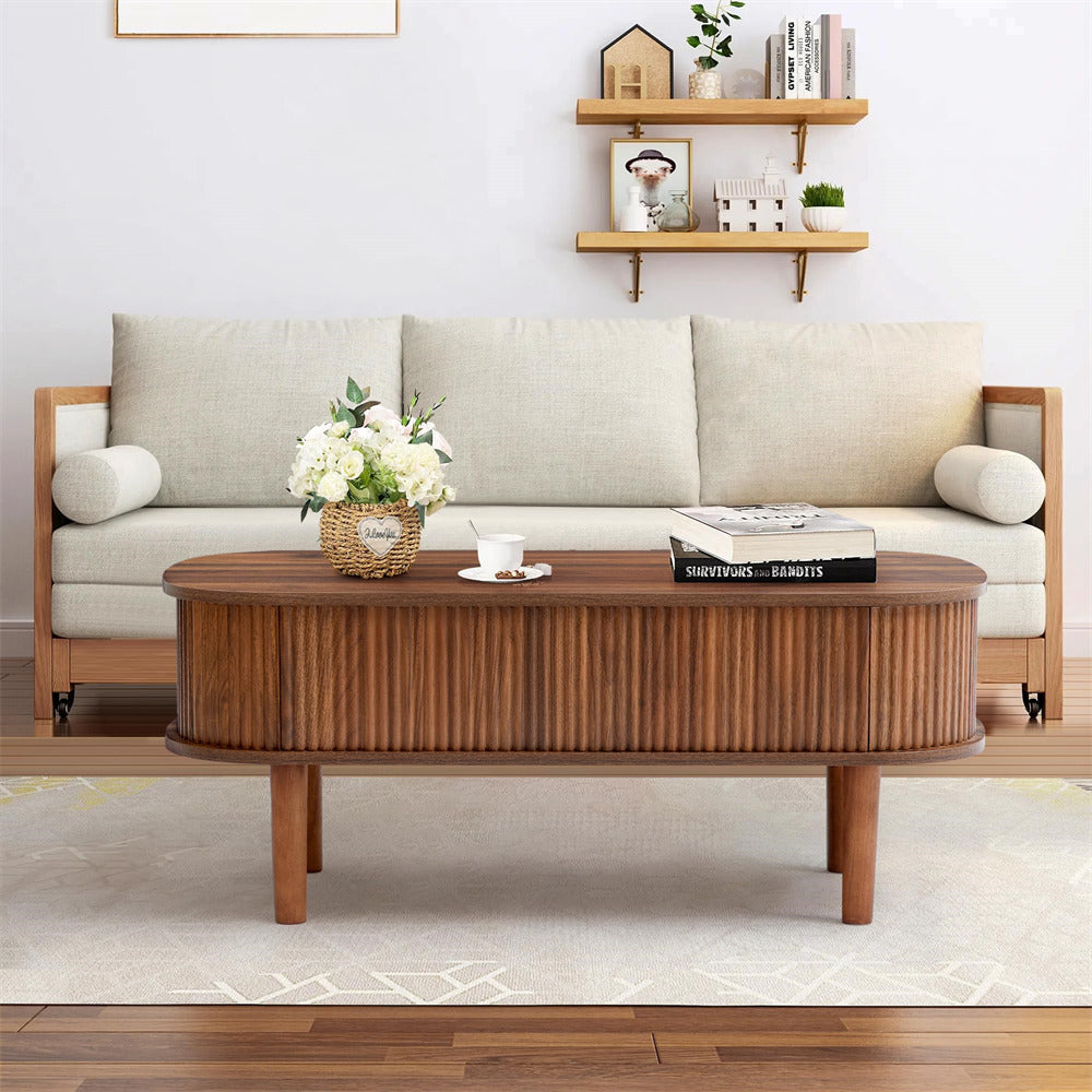 Walnut Oval Fluted Wooden Lift Top Coffee Table with Hidden Compartment