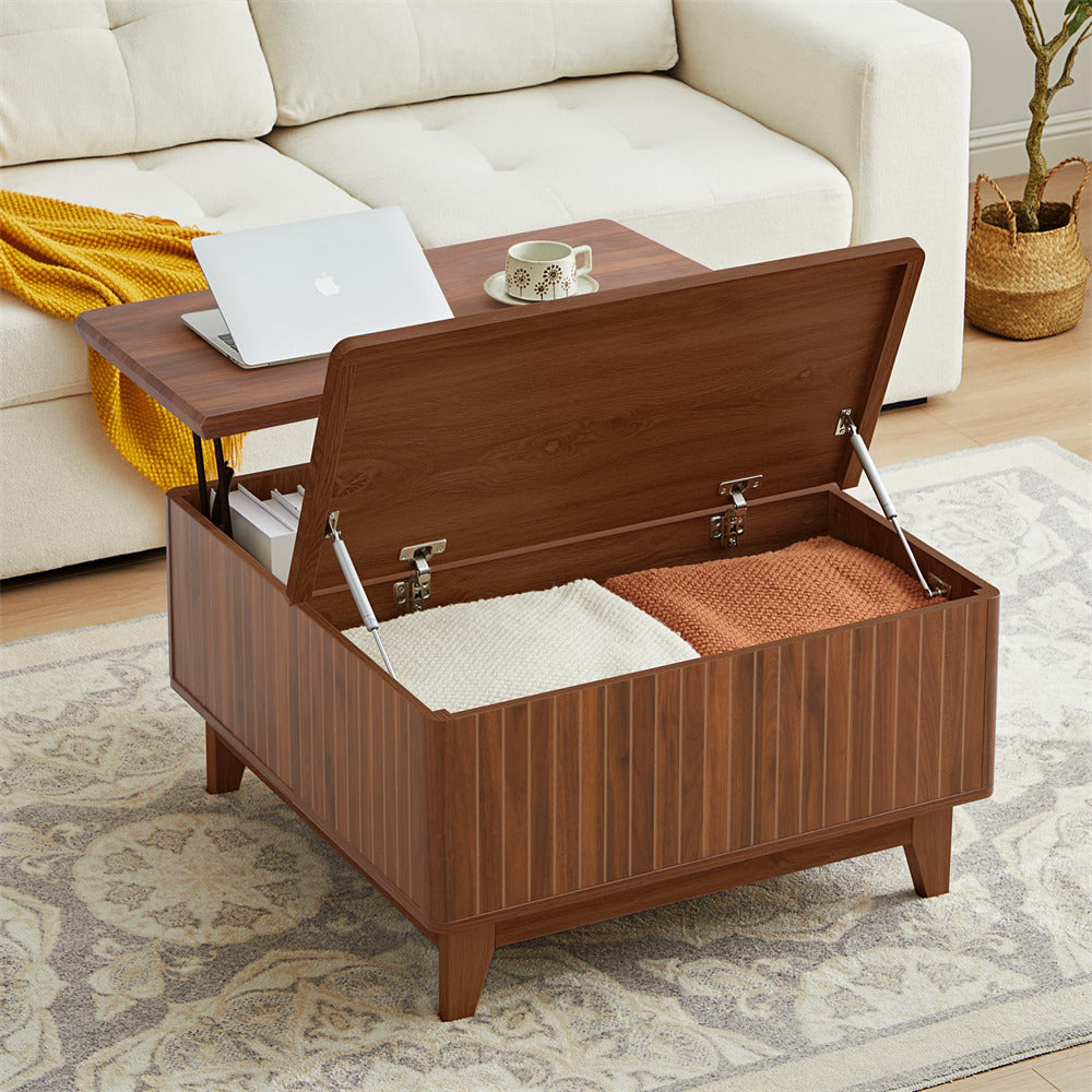 Walnut Square Wood Lift Top Coffee Table with Hidden Storage Compartment