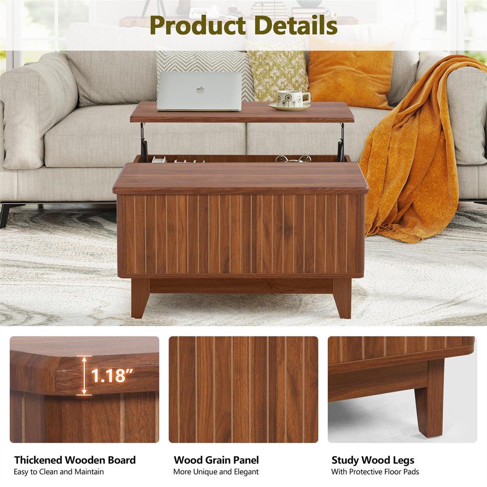 Walnut Square Wood Lift Top Coffee Table with Hidden Storage Compartment