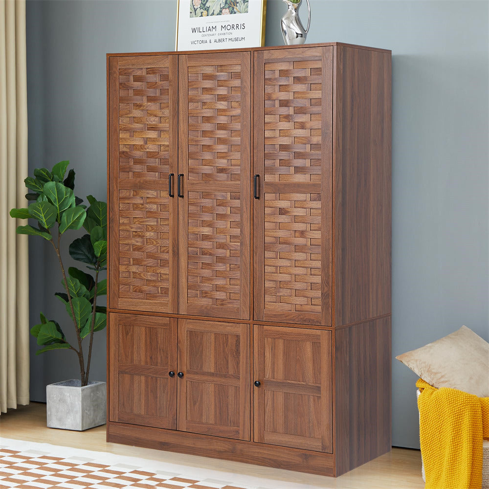 Walnut Wardrobe Closet with 6 Woven Doors