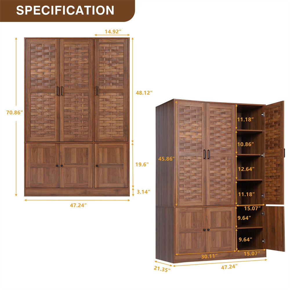 Walnut Wardrobe Closet with 6 Woven Doors