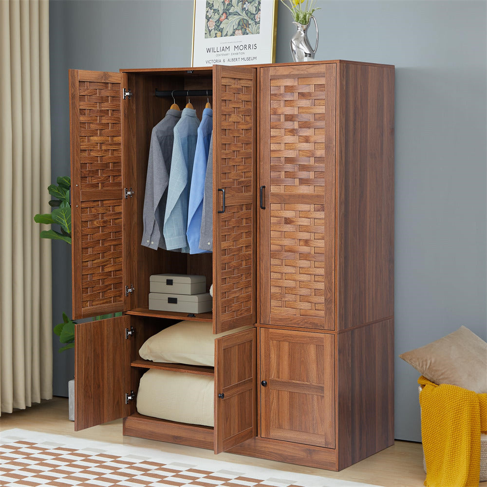 Walnut Wardrobe Closet with 6 Woven Doors