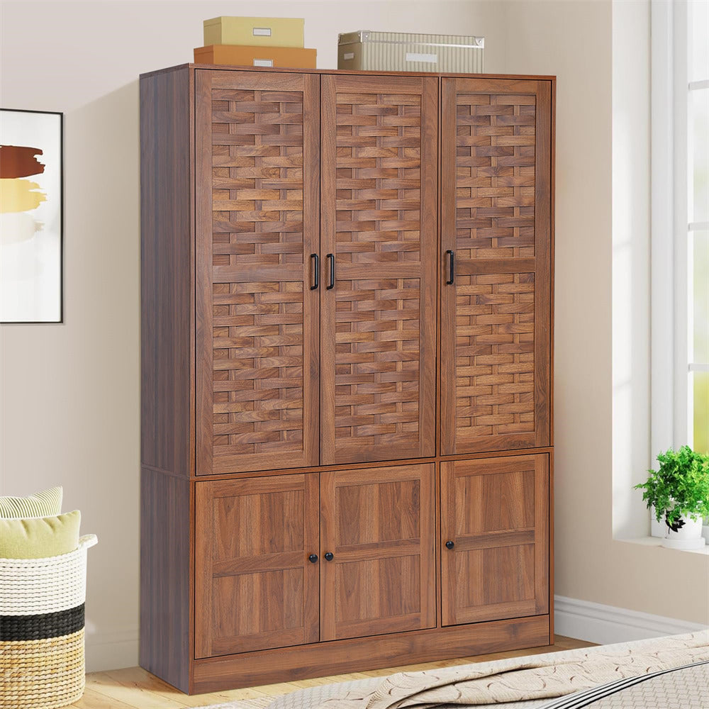 Walnut Wardrobe Closet with 6 Woven Doors