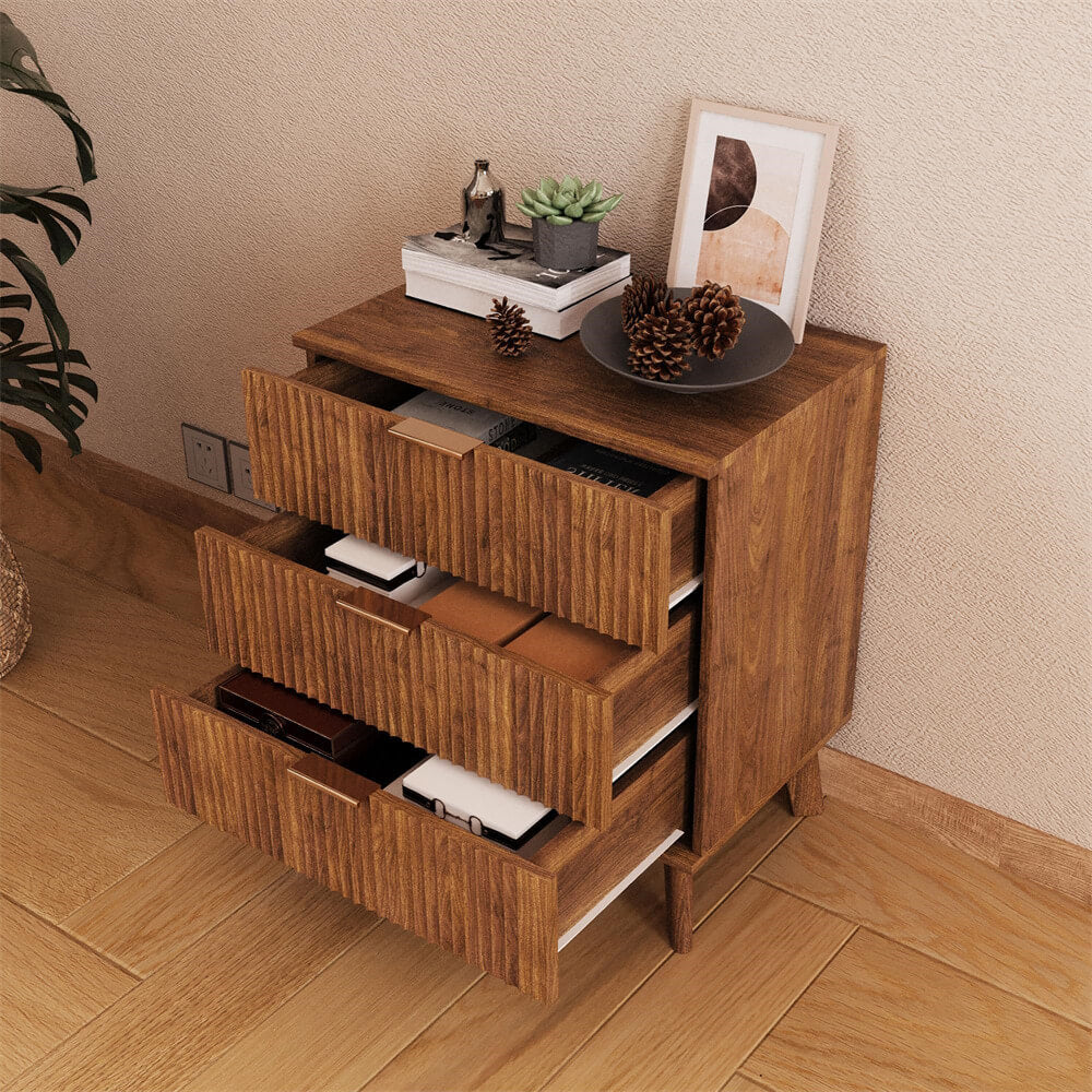 Walnut Wood Chest of Drawers with 3 Drawers and Waveform Panel