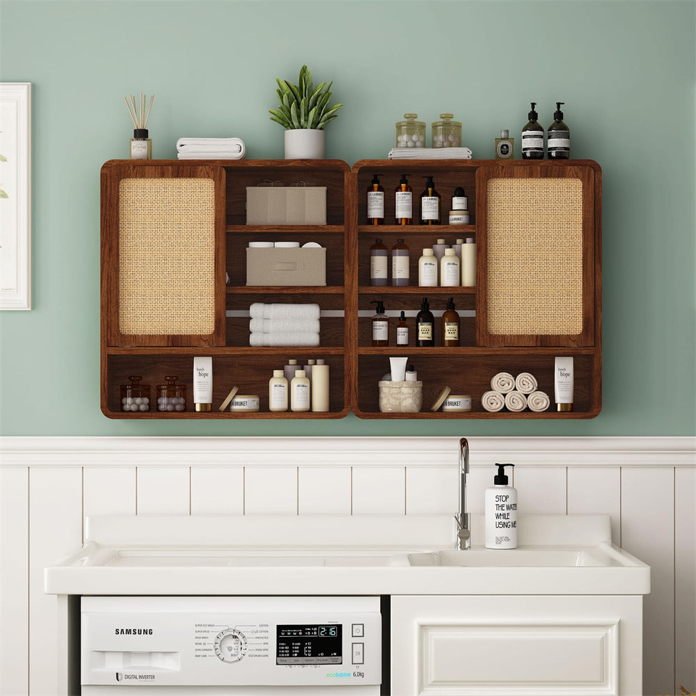 Walnut Wood Wall Bathroom Cabinet with Flax Sliding Door and Adjustable Shelf