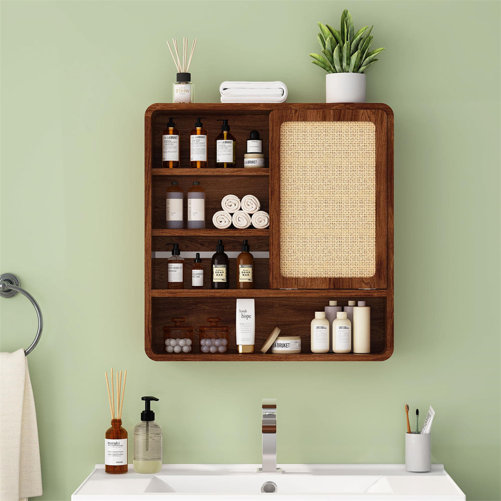 Walnut Wood Wall Bathroom Cabinet with Flax Sliding Door and Adjustable Shelf