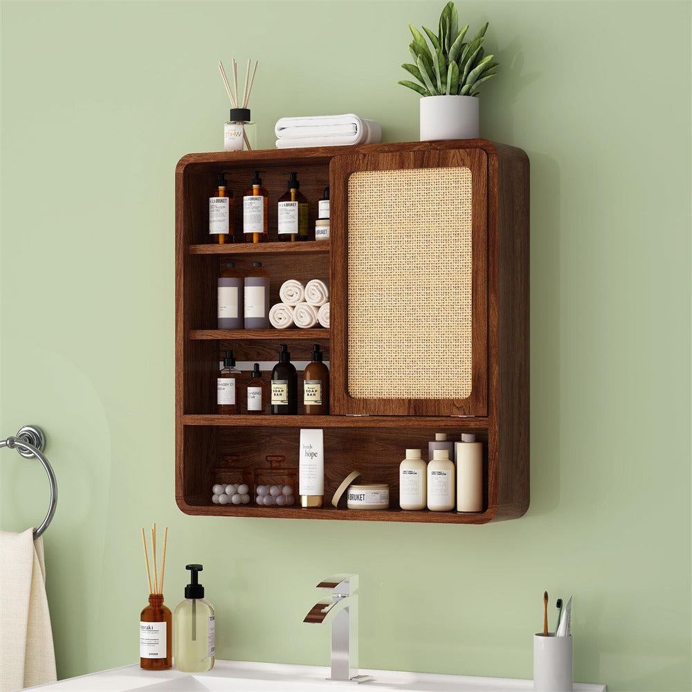 Walnut Wood Wall Bathroom Cabinet with Flax Sliding Door and Adjustable Shelf