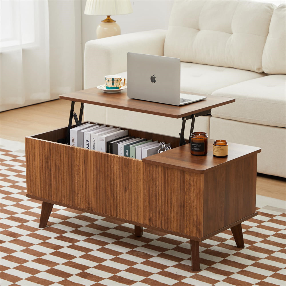 Walnut Wooden Fluted Lift Top Coffee Table with Hidden Compartment