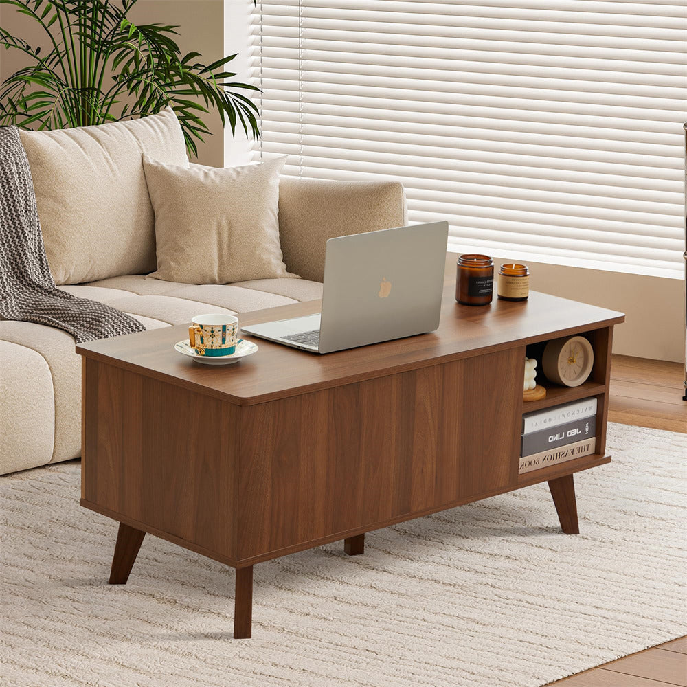 Walnut Wooden Fluted Lift Top Coffee Table with Hidden Compartment