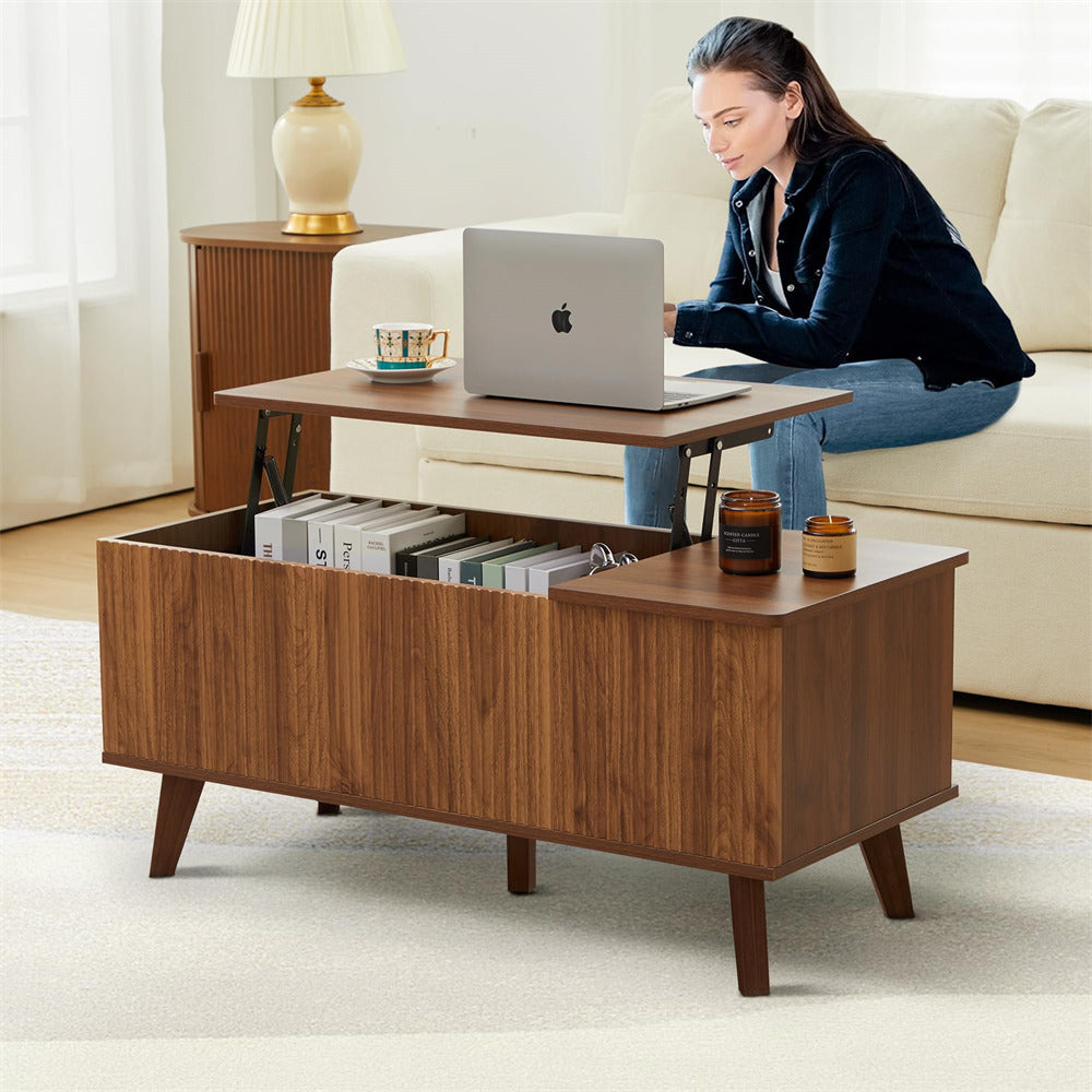 Walnut Wooden Fluted Lift Top Coffee Table with Hidden Compartment