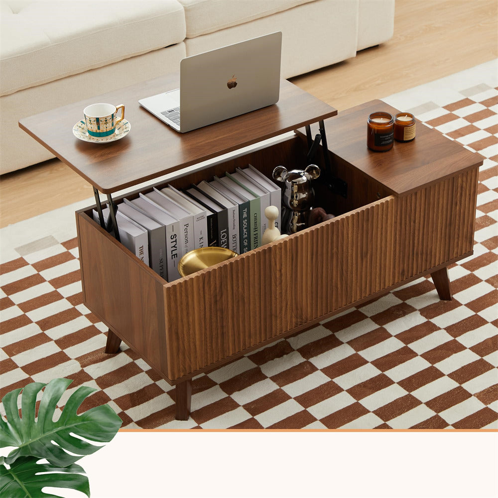 Walnut Wooden Fluted Lift Top Coffee Table with Hidden Compartment