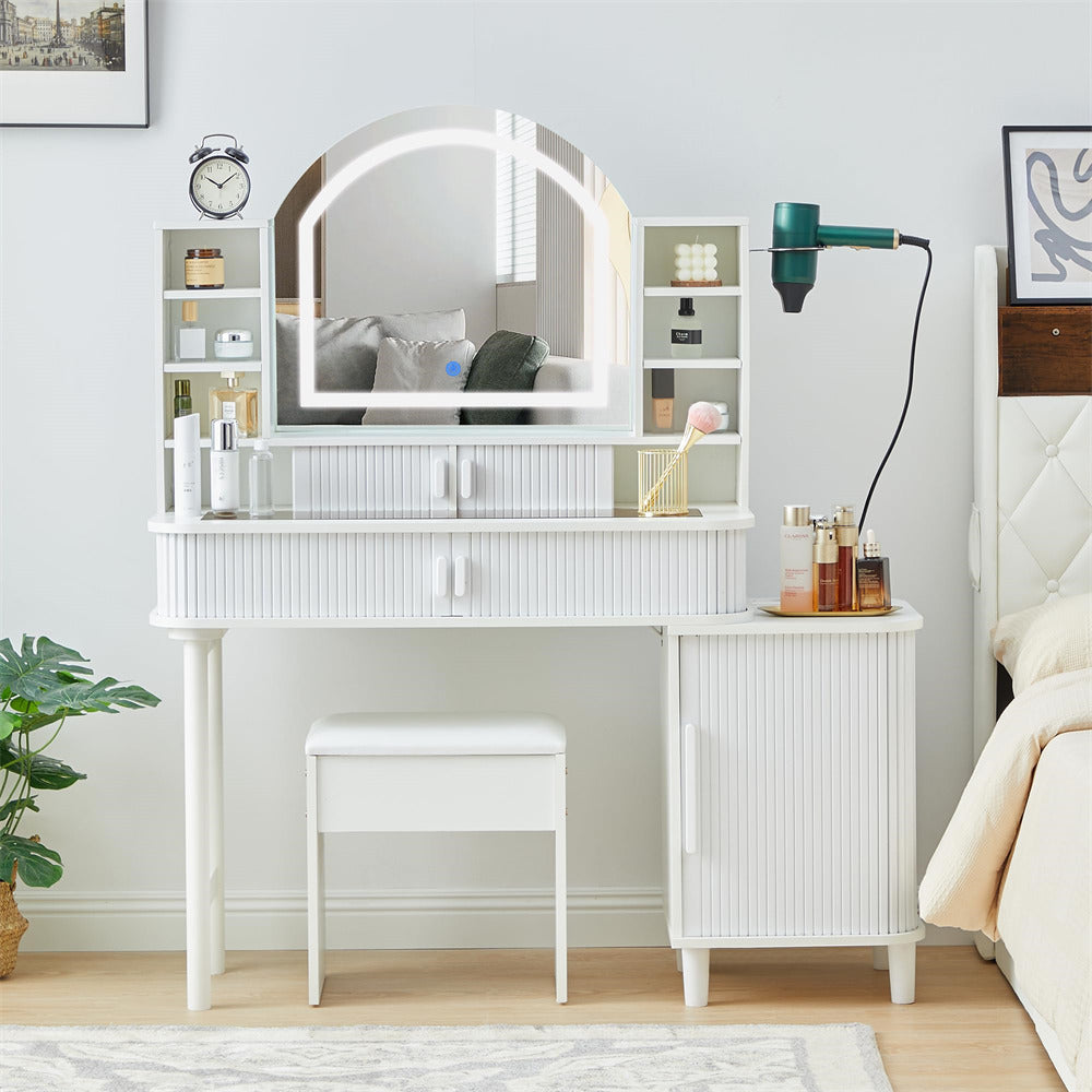 White 47" Modern Makeup Vanity Glass Tabletop with Fluted Sliding Doors and Charging Station