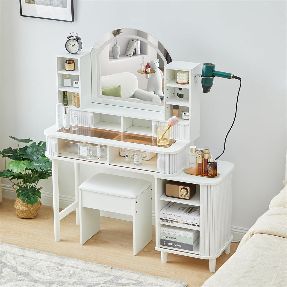 White 47" Modern Makeup Vanity Glass Tabletop with Fluted Sliding Doors and Charging Station