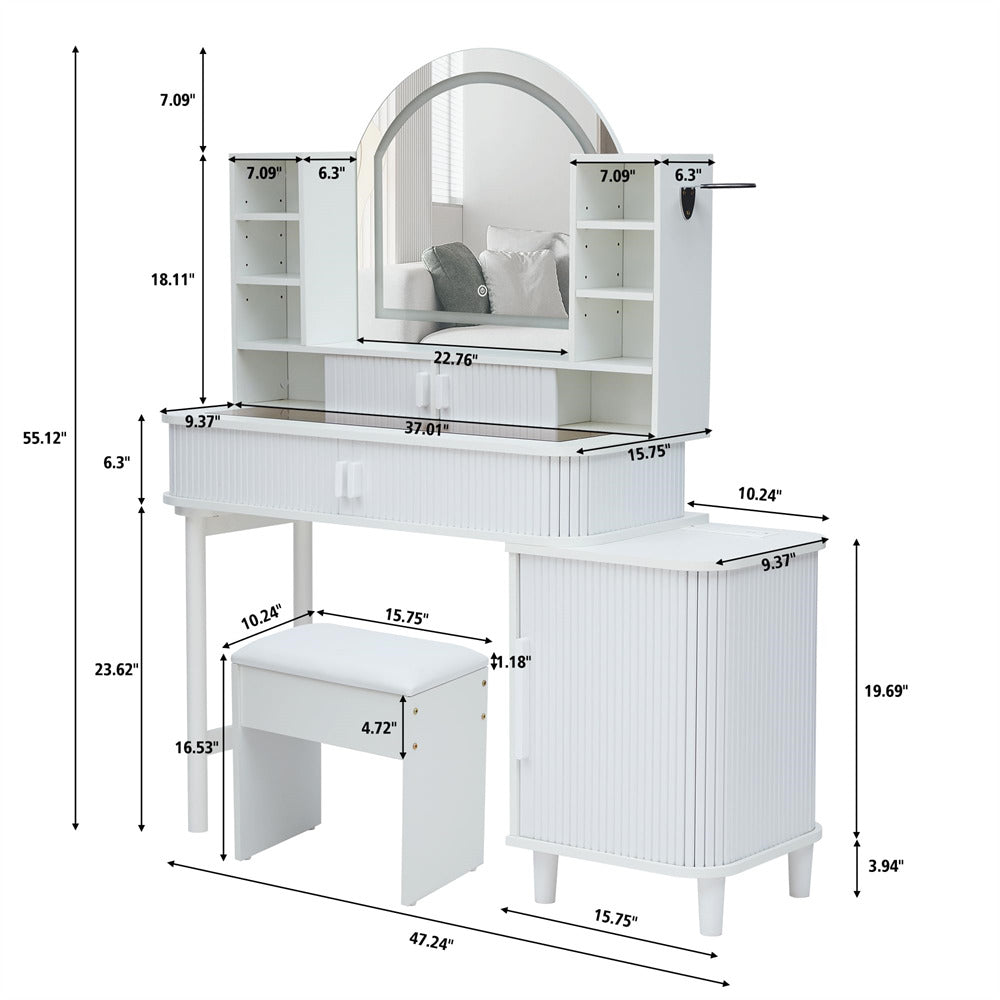 White 47" Modern Makeup Vanity Glass Tabletop with Fluted Sliding Doors and Charging Station Size